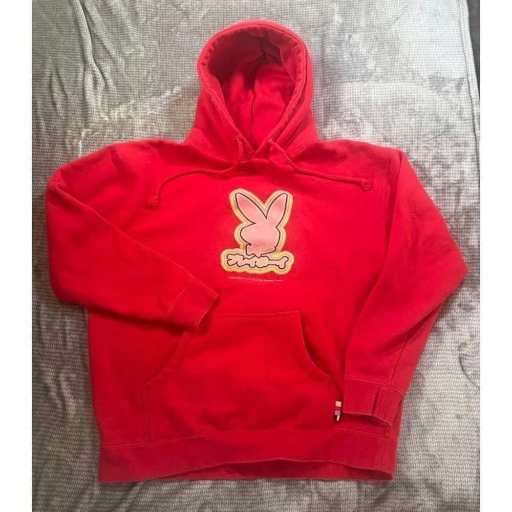 Playboy x Color Bars Red Hoodie Japanese Logo Graphic Sweatshirt Mens Large
